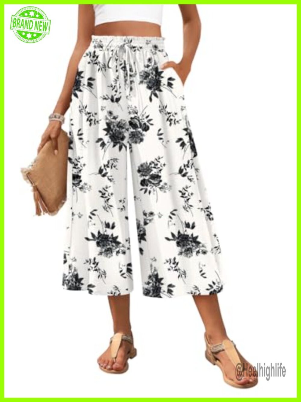 Womens Wide Leg Capri Palazzo Pants High Waist Drawstring Pockets Flowy